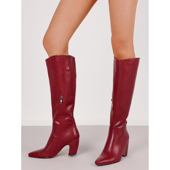 Women's Knee High Red Boots Square Toe Chunky Heel Wide Calf Tall Zipper Boots - Picture 4 of 7
